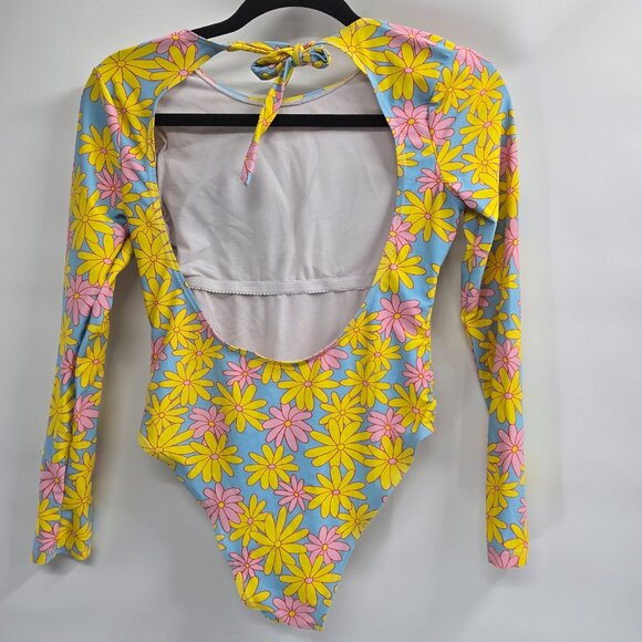 Yellow 70s style daisy print One Piece Swimsuit Rashguard Small - Picture 3 of 9